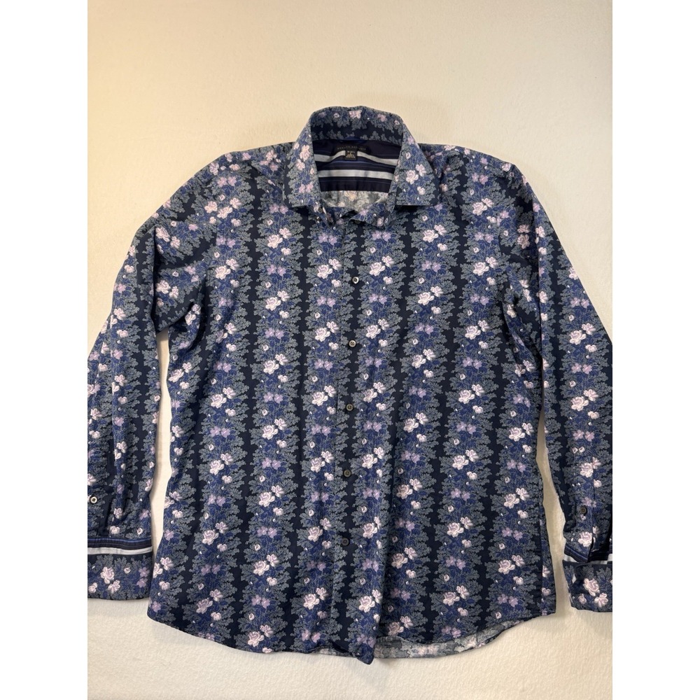 Banana Republic Mens Floral Dress Shirt 16-16.5 L Blue Purple French Cuff EUC